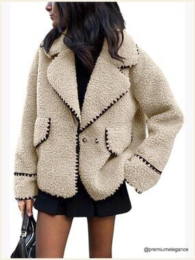 Fuzzy Fleece Embroidered Jacket Notch Lapel Winter Faux Fur Sherpa Coat